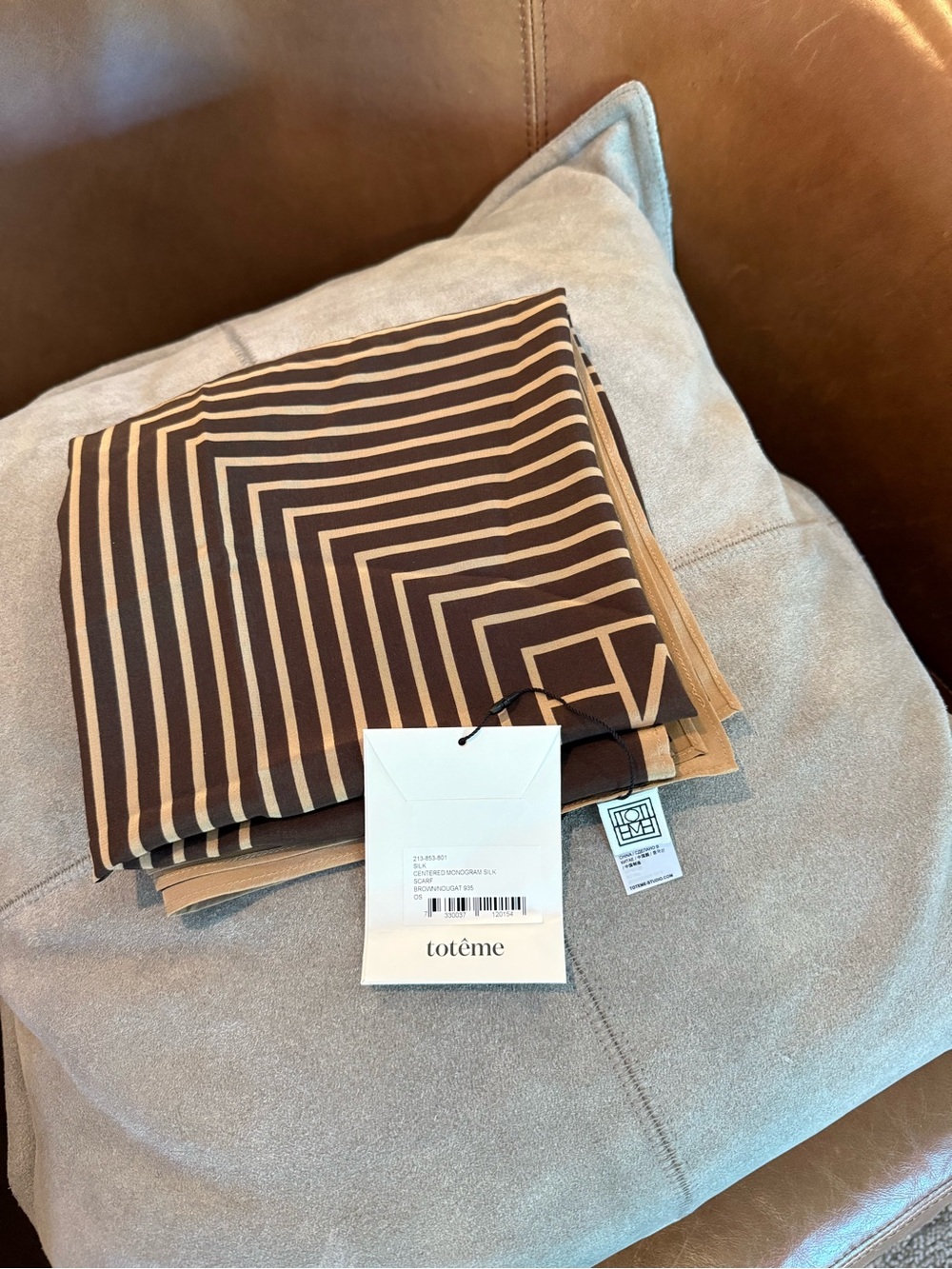 Toteme Silk Centered Monogram Scarf in Brown/Nougat - Picture 8 of 9